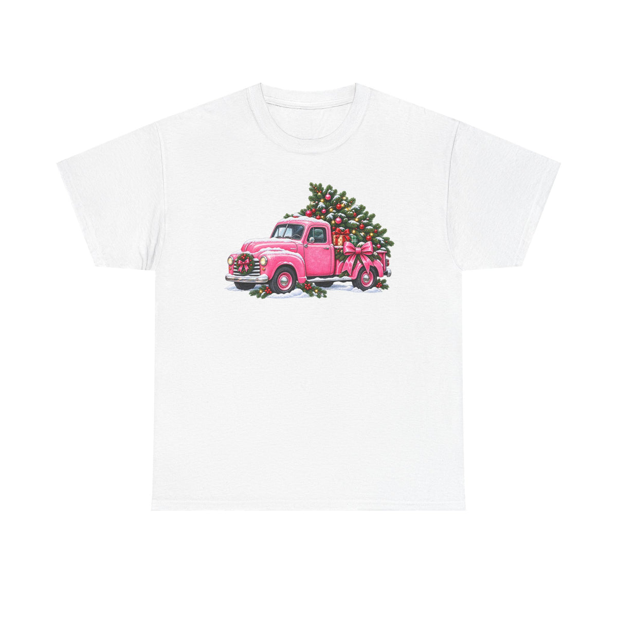 Vintage Pink Truck Christmas Tee — Retro Holiday Tree Shirt