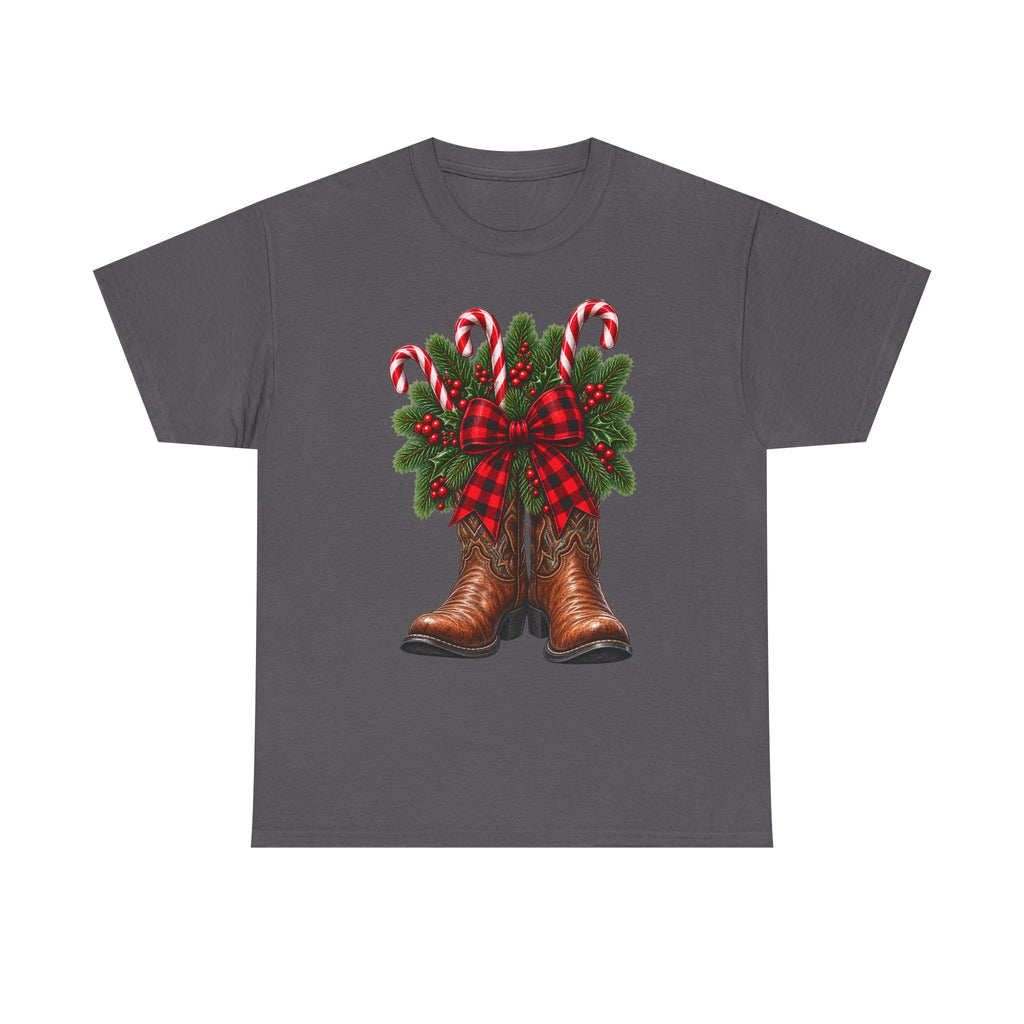 Cowboy Boots Christmas Tee — Holiday Cowboy Boots with Candy Canes & Wreath
