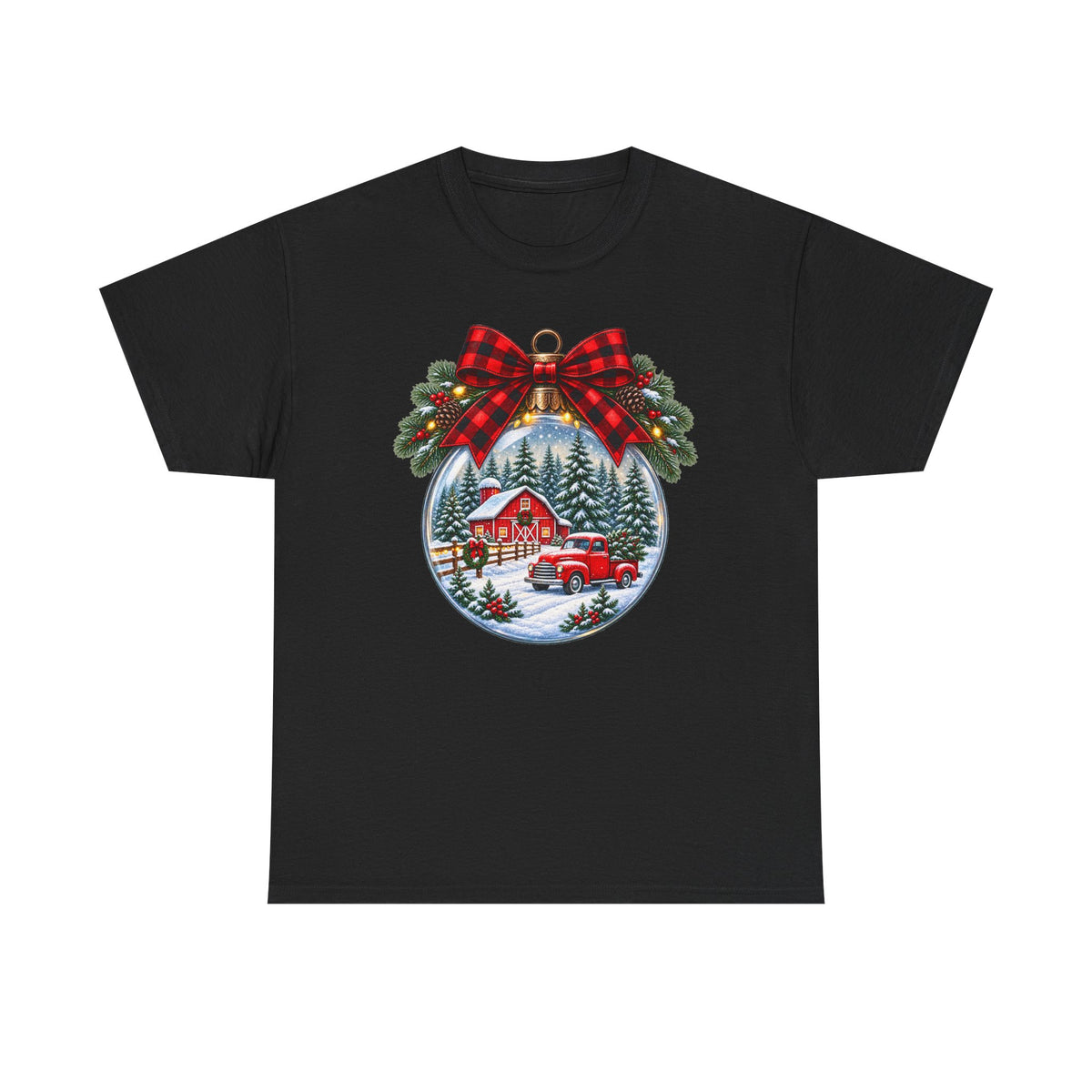 Christmas Ornament Scene T-Shirt — Vintage Red Truck & Snowy Cabin Holiday Tee