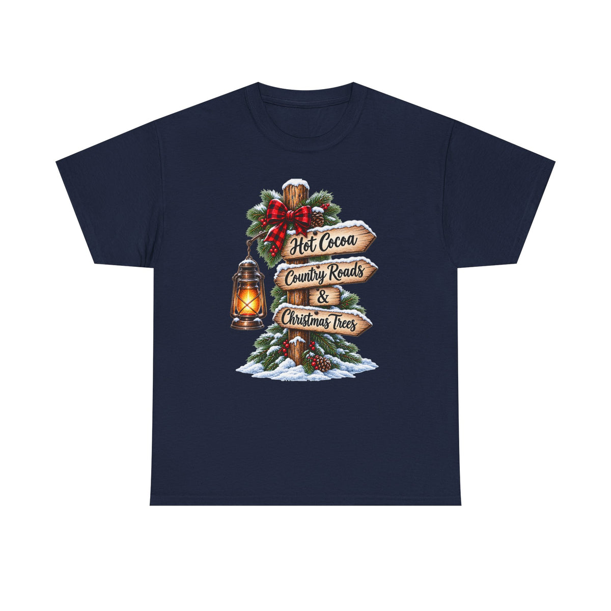 Christmas Signpost T-Shirt — “Hot Cocoa, Country Roads & Christmas Trees” Holiday Tee