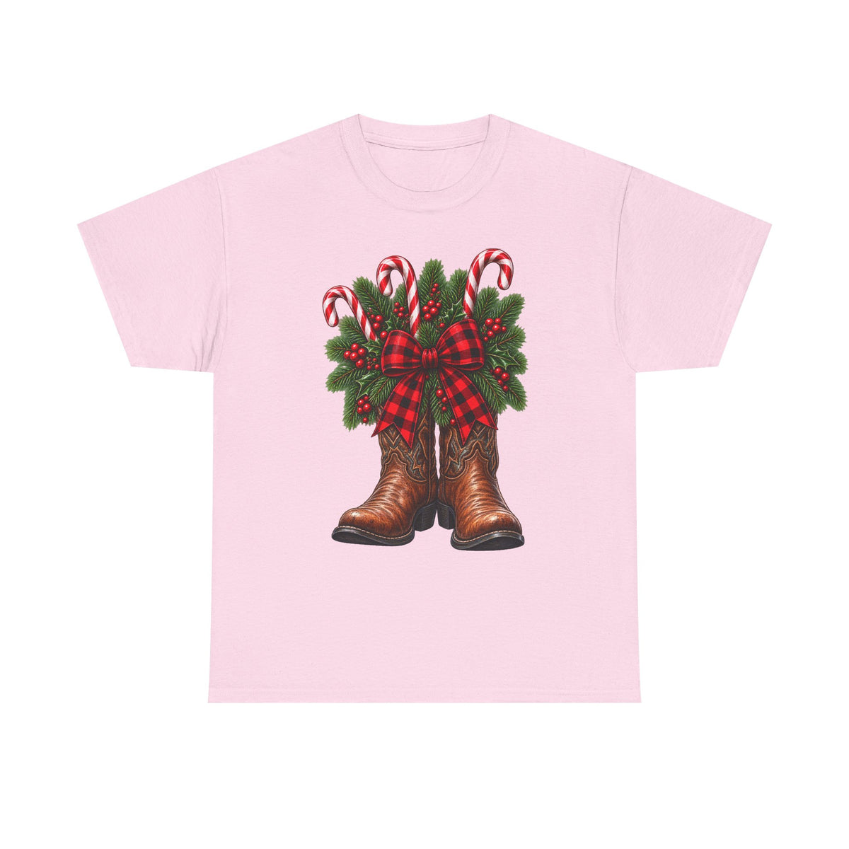 Cowboy Boots Christmas Tee — Holiday Cowboy Boots with Candy Canes & Wreath