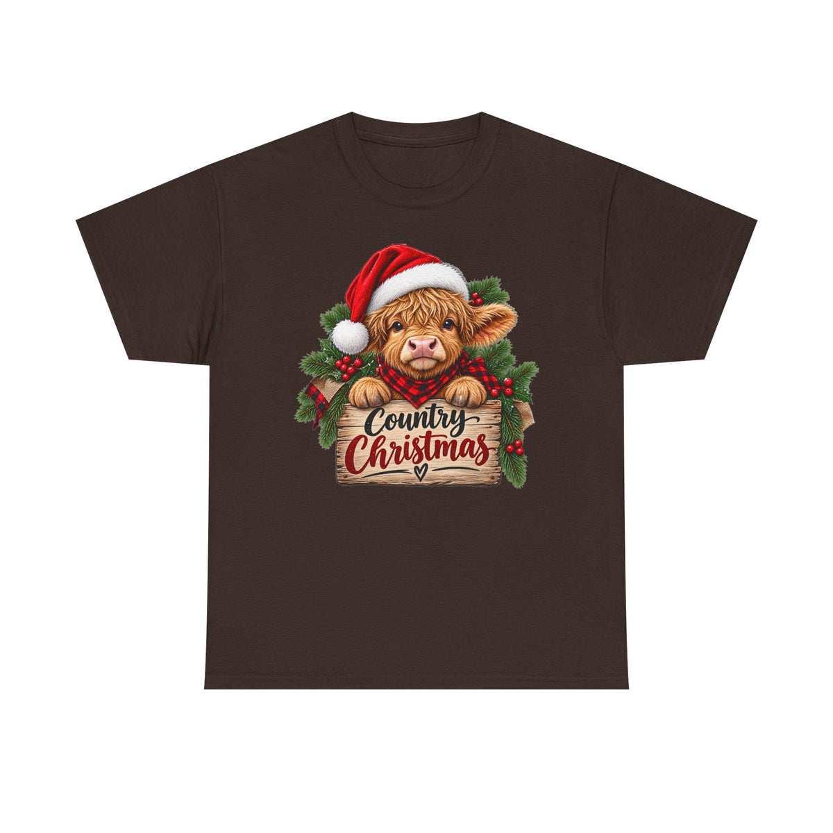 Country Christmas Cow T-Shirt — Cute Highland Calf Santa Holiday Tee