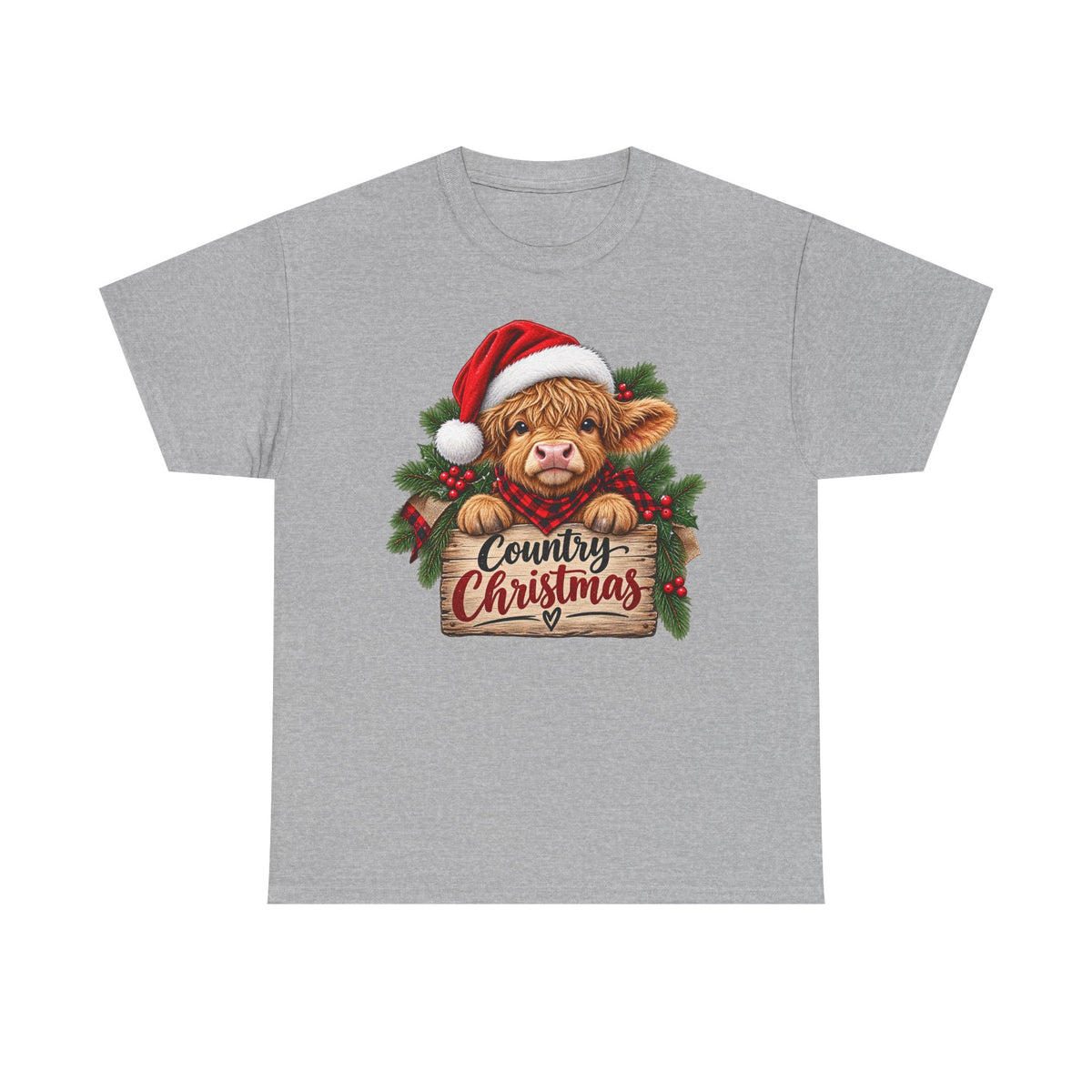 Country Christmas Cow T-Shirt — Cute Highland Calf Santa Holiday Tee
