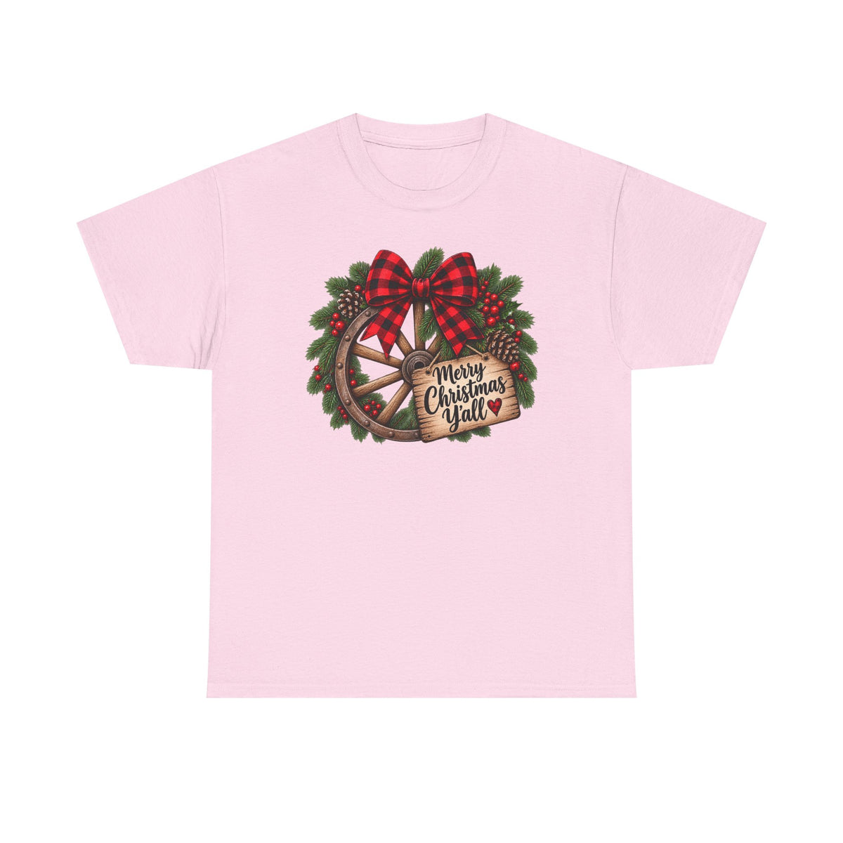 Christmas Wagon Wheel Tee — “Merry Christmas Y’all” Plaid Wreath Holiday Shirt