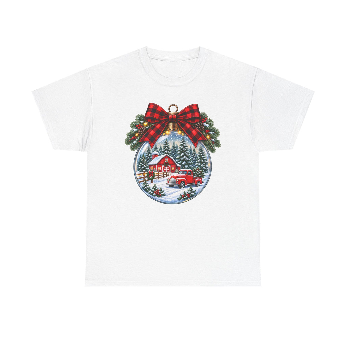 Christmas Ornament Scene T-Shirt — Vintage Red Truck & Snowy Cabin Holiday Tee