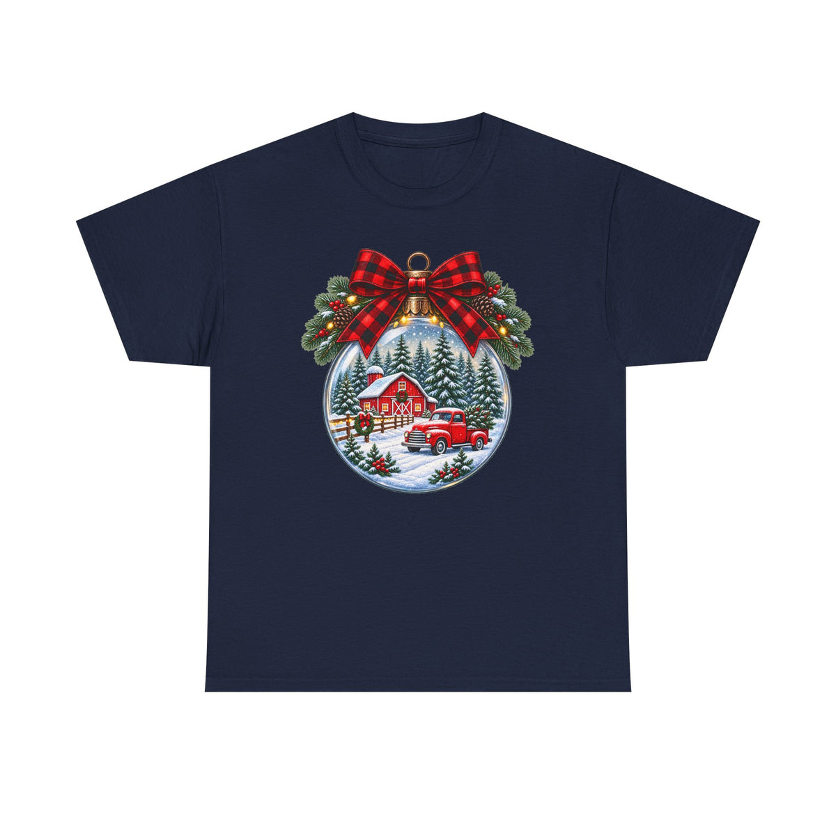 Christmas Ornament Scene T-Shirt — Vintage Red Truck & Snowy Cabin Holiday Tee
