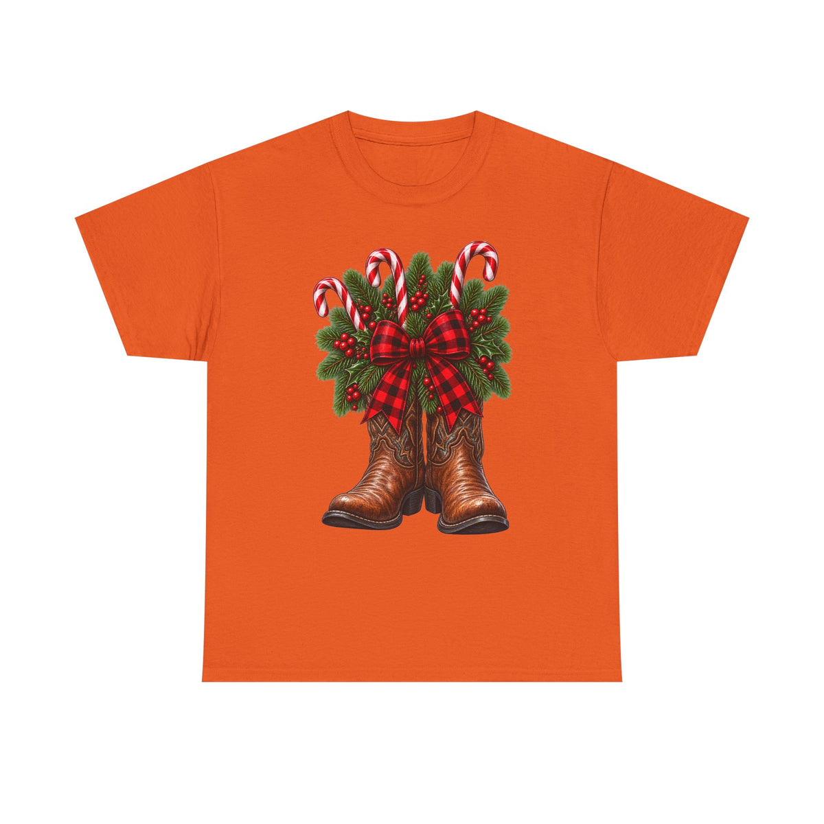 Cowboy Boots Christmas Tee — Holiday Cowboy Boots with Candy Canes & Wreath