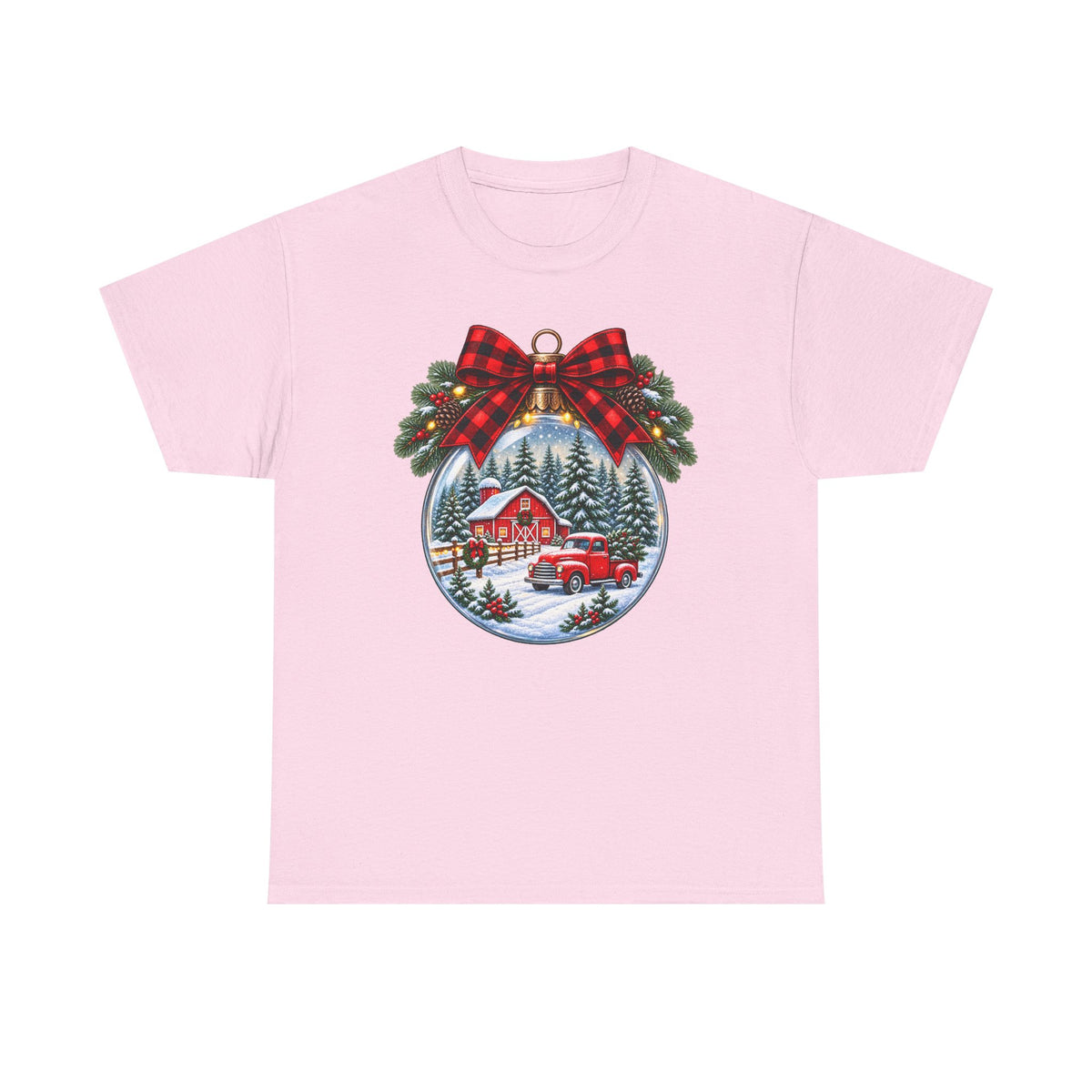 Christmas Ornament Scene T-Shirt — Vintage Red Truck & Snowy Cabin Holiday Tee