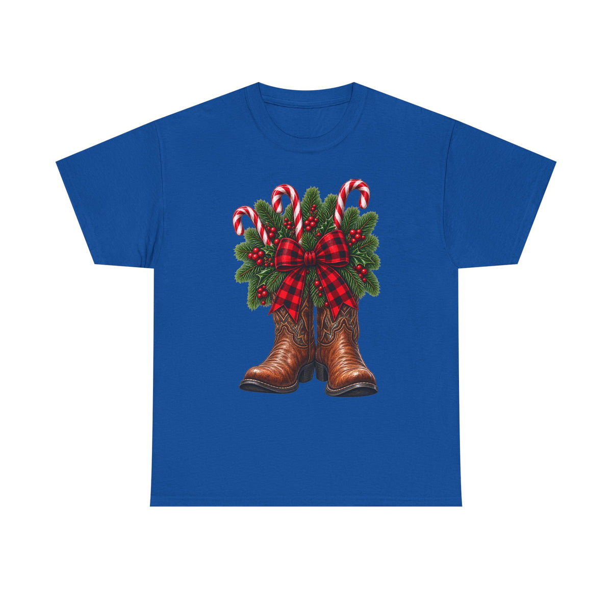 Cowboy Boots Christmas Tee — Holiday Cowboy Boots with Candy Canes & Wreath