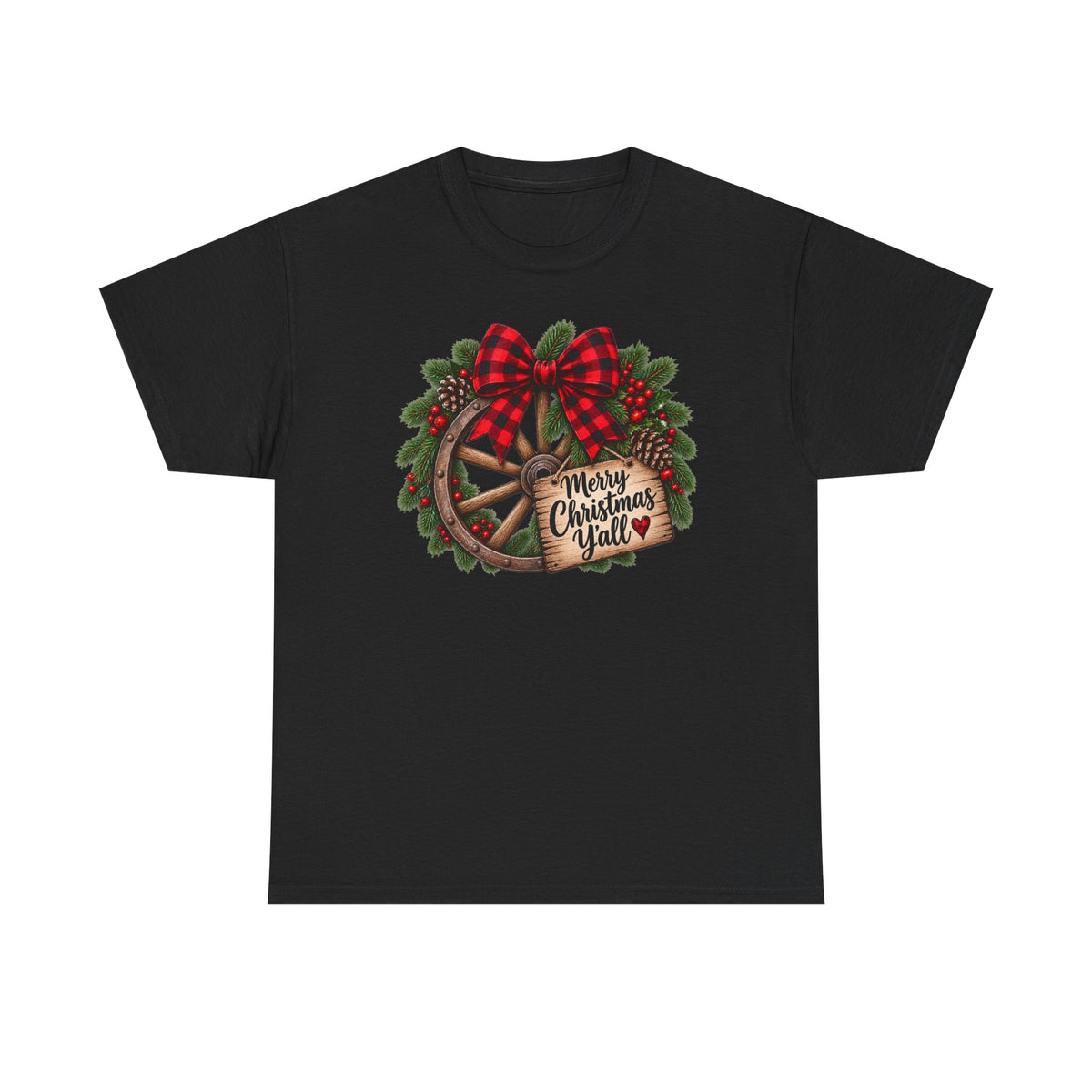 Christmas Wagon Wheel Tee — “Merry Christmas Y’all” Plaid Wreath Holiday Shirt