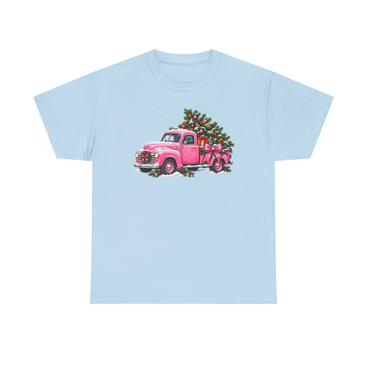 Vintage Pink Truck Christmas Tee — Retro Holiday Tree Shirt