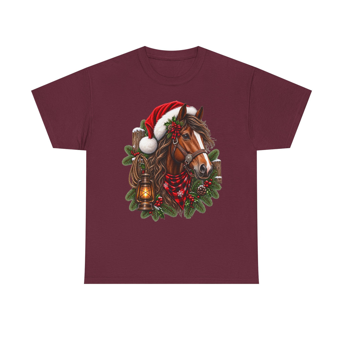 Christmas Horse T-Shirt — Holiday Santa Hat & Lantern Equestrian Tee