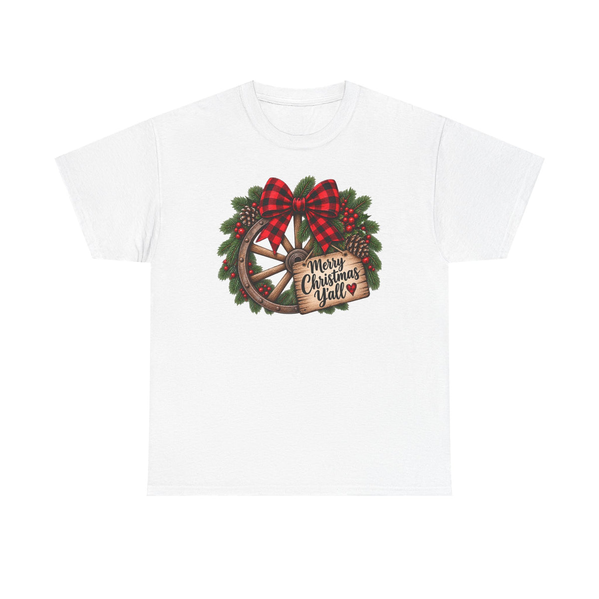 Christmas Wagon Wheel Tee — “Merry Christmas Y’all” Plaid Wreath Holiday Shirt