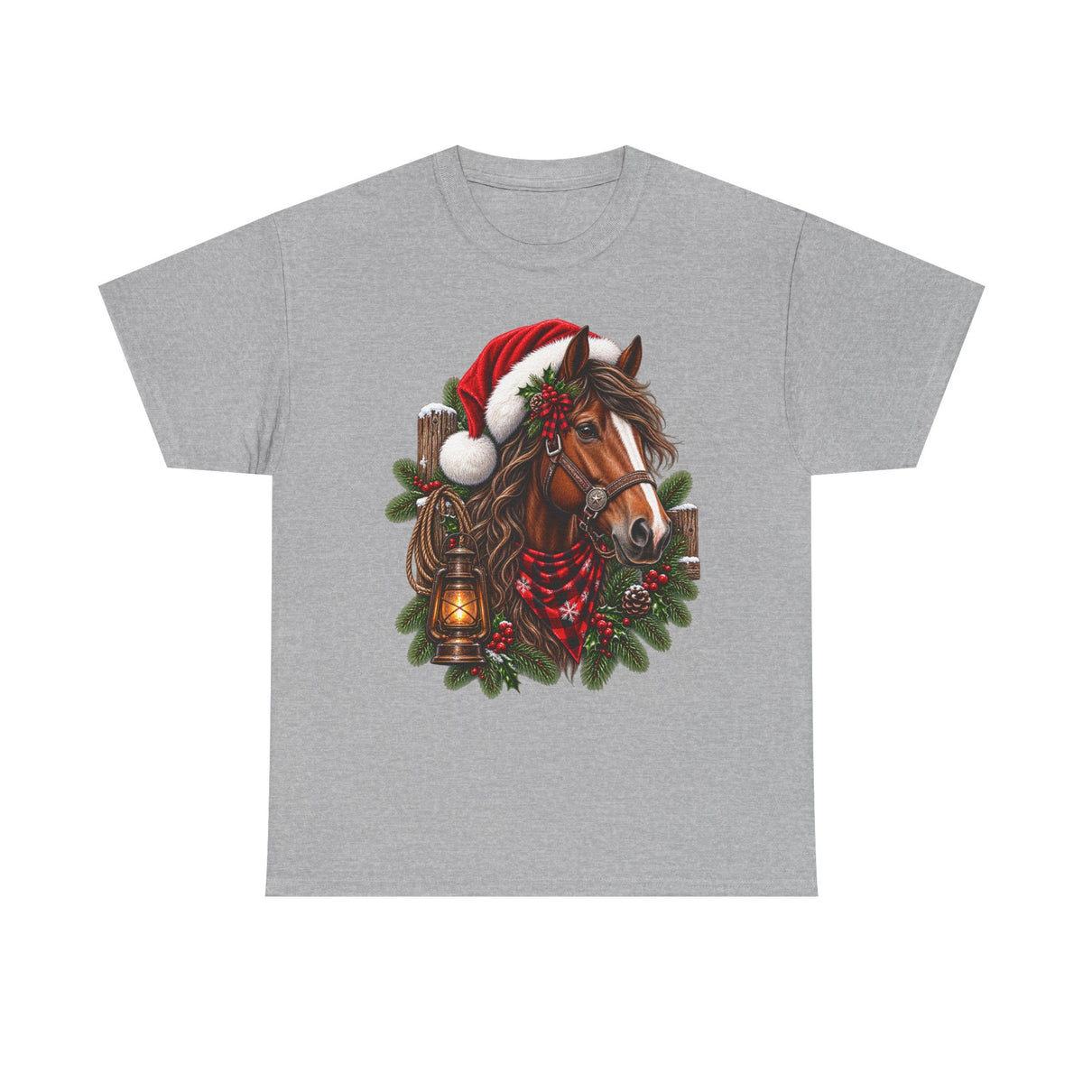 Christmas Horse T-Shirt — Holiday Santa Hat & Lantern Equestrian Tee