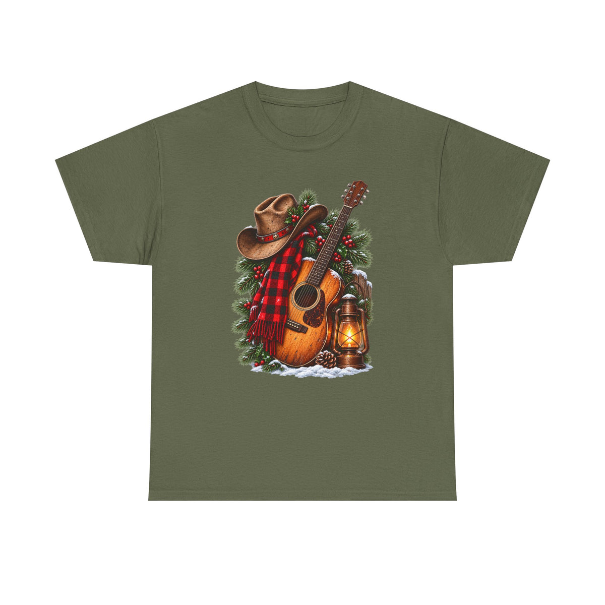 Country Christmas Guitar T‑Shirt — Cowboy Hat, Plaid & Lantern Holiday Tee