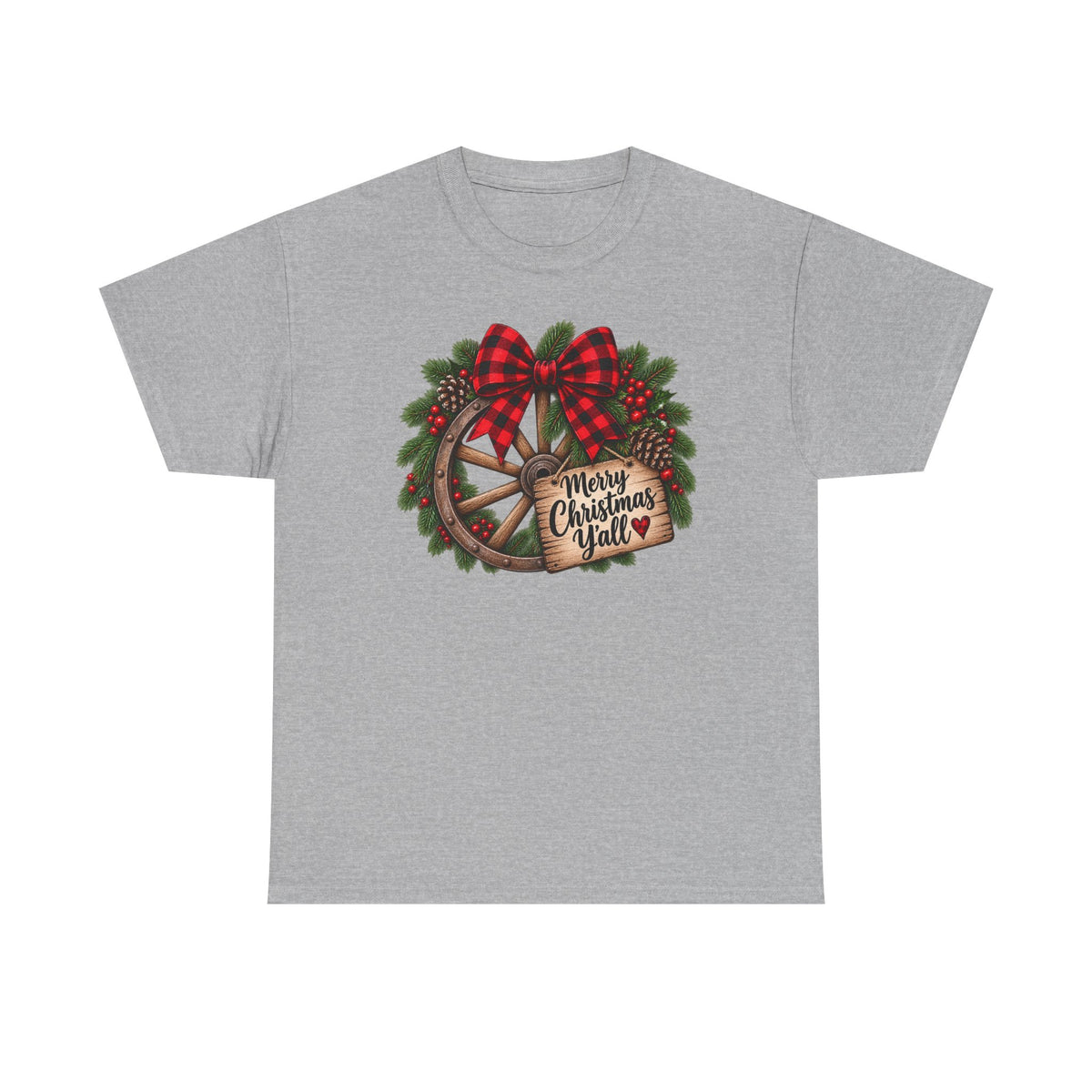Christmas Wagon Wheel Tee — “Merry Christmas Y’all” Plaid Wreath Holiday Shirt