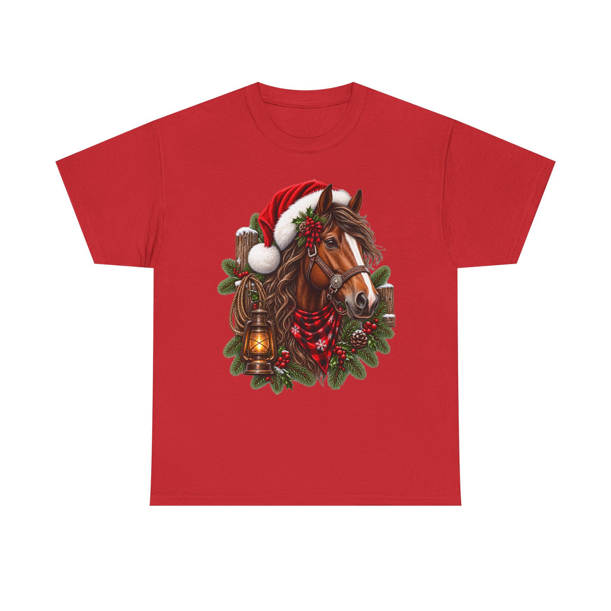 Christmas Horse T-Shirt — Holiday Santa Hat & Lantern Equestrian Tee