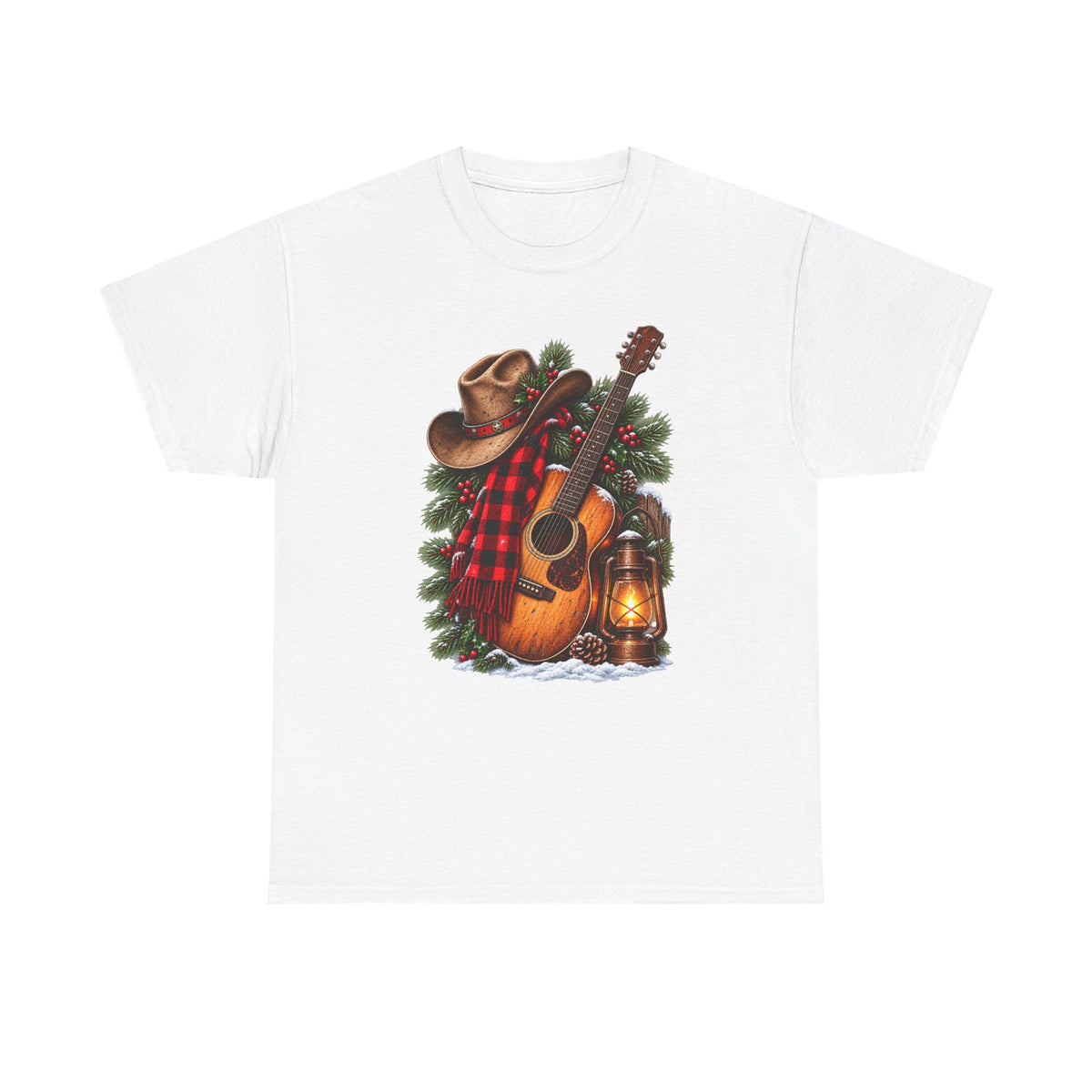 Country Christmas Guitar T‑Shirt — Cowboy Hat, Plaid & Lantern Holiday Tee