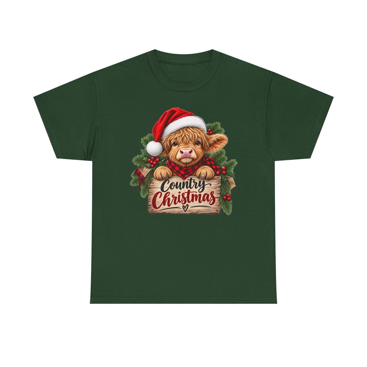 Country Christmas Cow T-Shirt — Cute Highland Calf Santa Holiday Tee