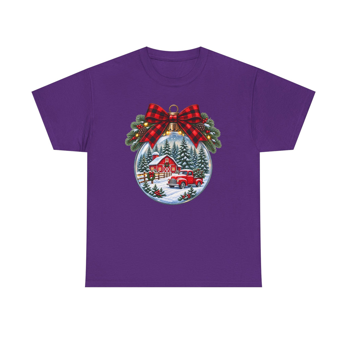 Christmas Ornament Scene T-Shirt — Vintage Red Truck & Snowy Cabin Holiday Tee