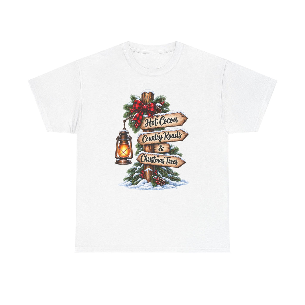 Christmas Signpost T-Shirt — “Hot Cocoa, Country Roads & Christmas Trees” Holiday Tee