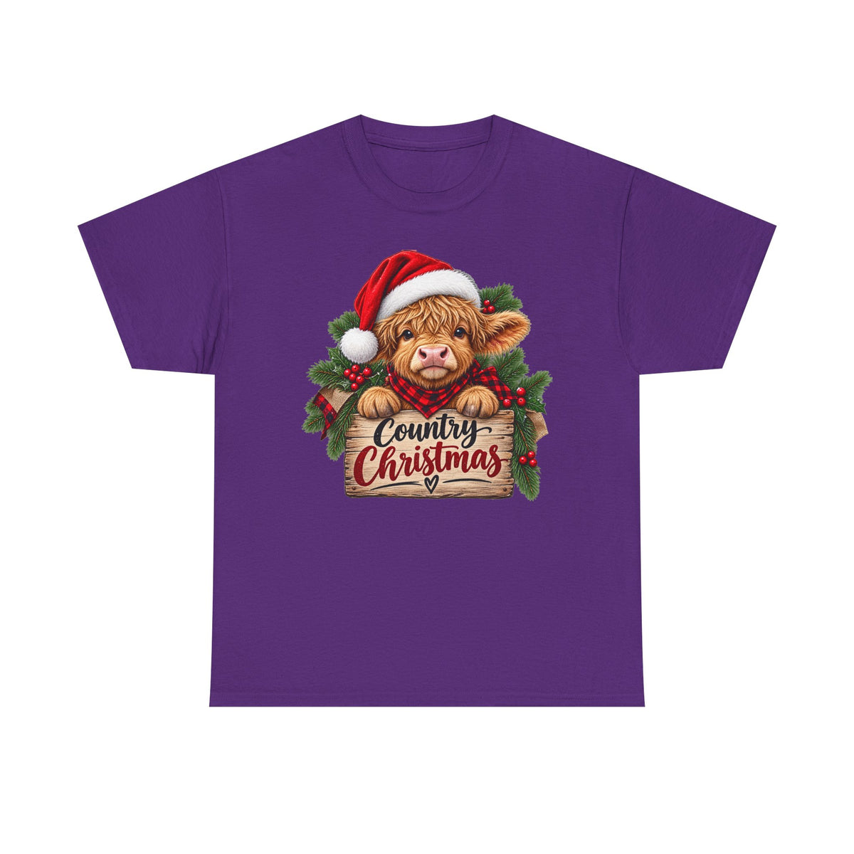 Country Christmas Cow T-Shirt — Cute Highland Calf Santa Holiday Tee