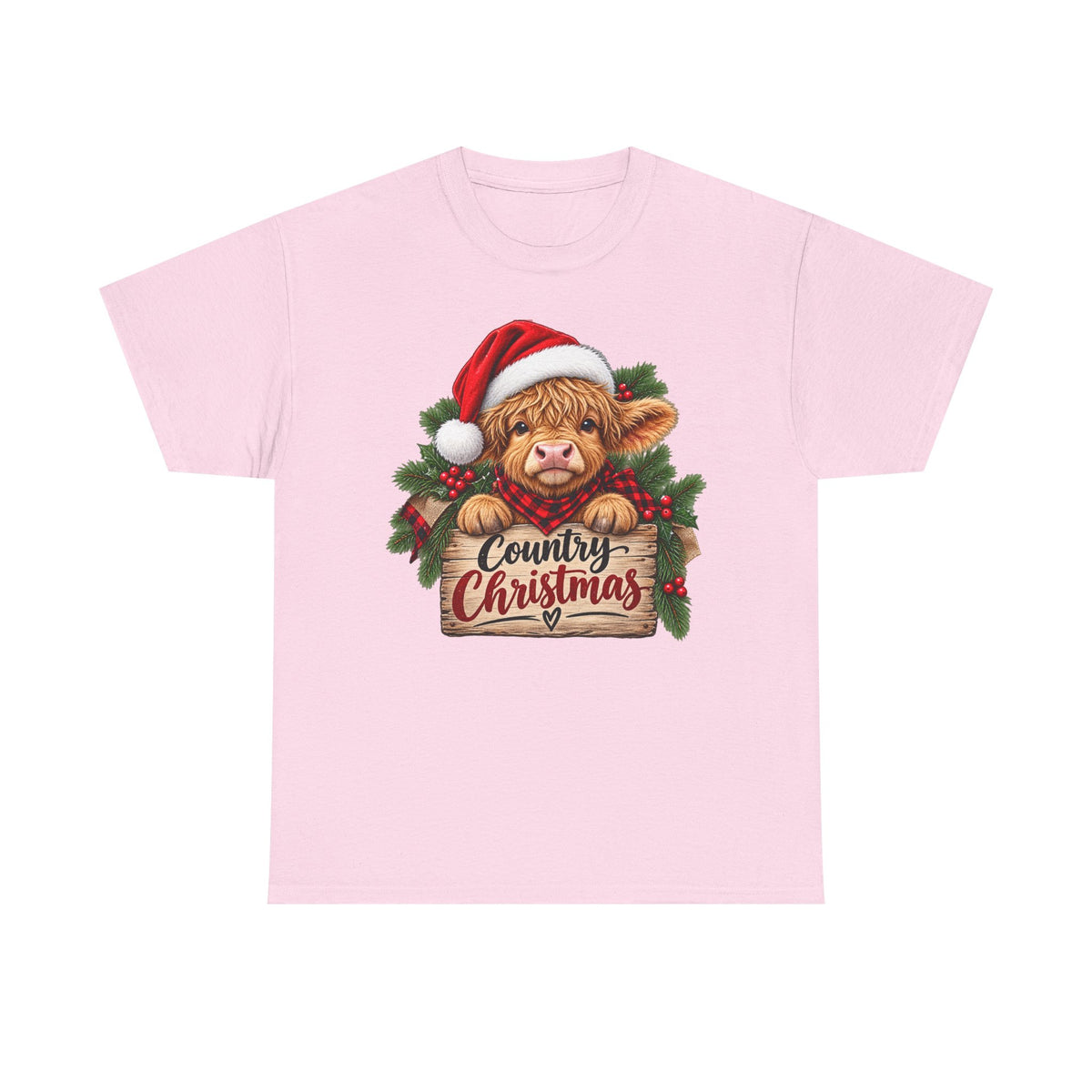 Country Christmas Cow T-Shirt — Cute Highland Calf Santa Holiday Tee