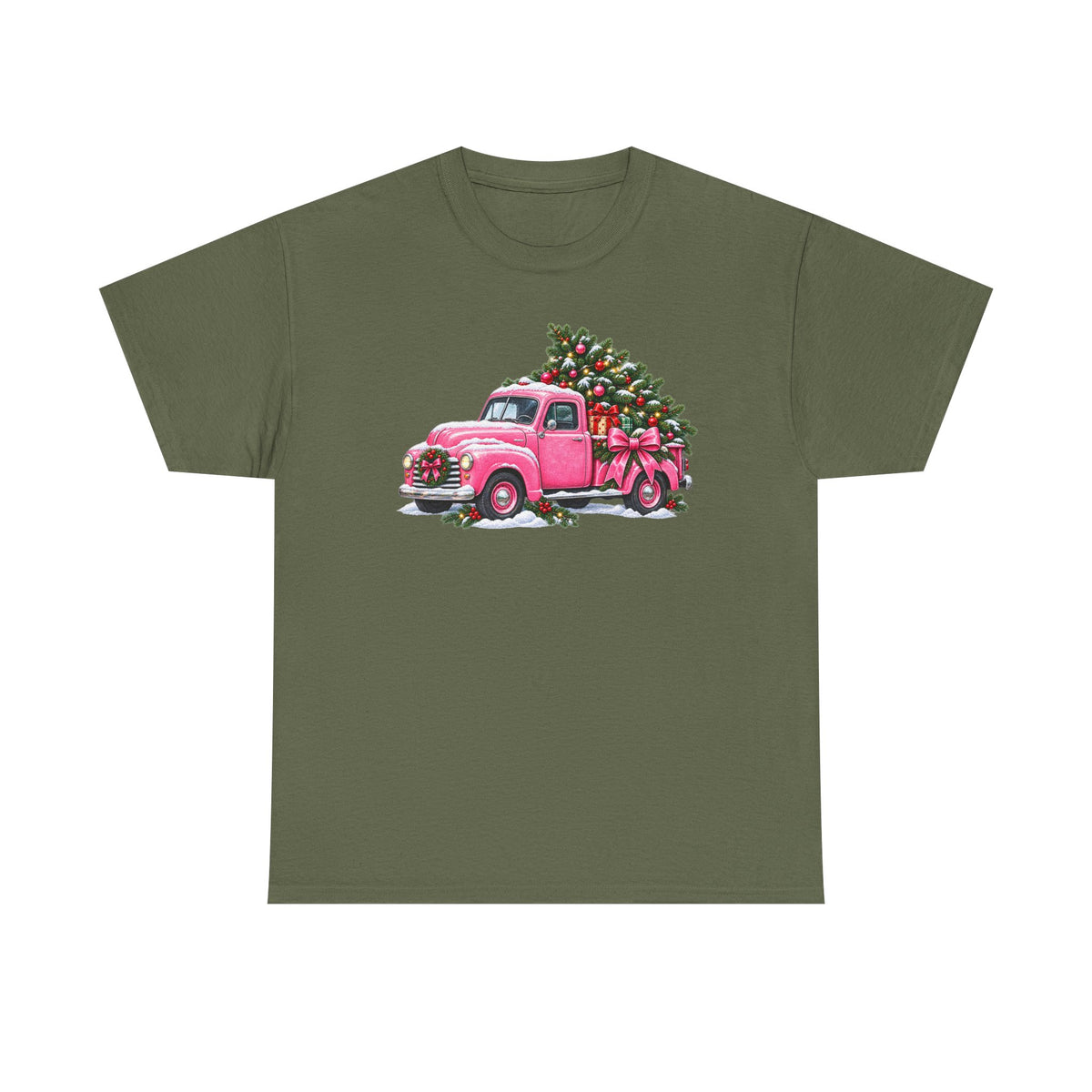 Vintage Pink Truck Christmas Tee — Retro Holiday Tree Shirt