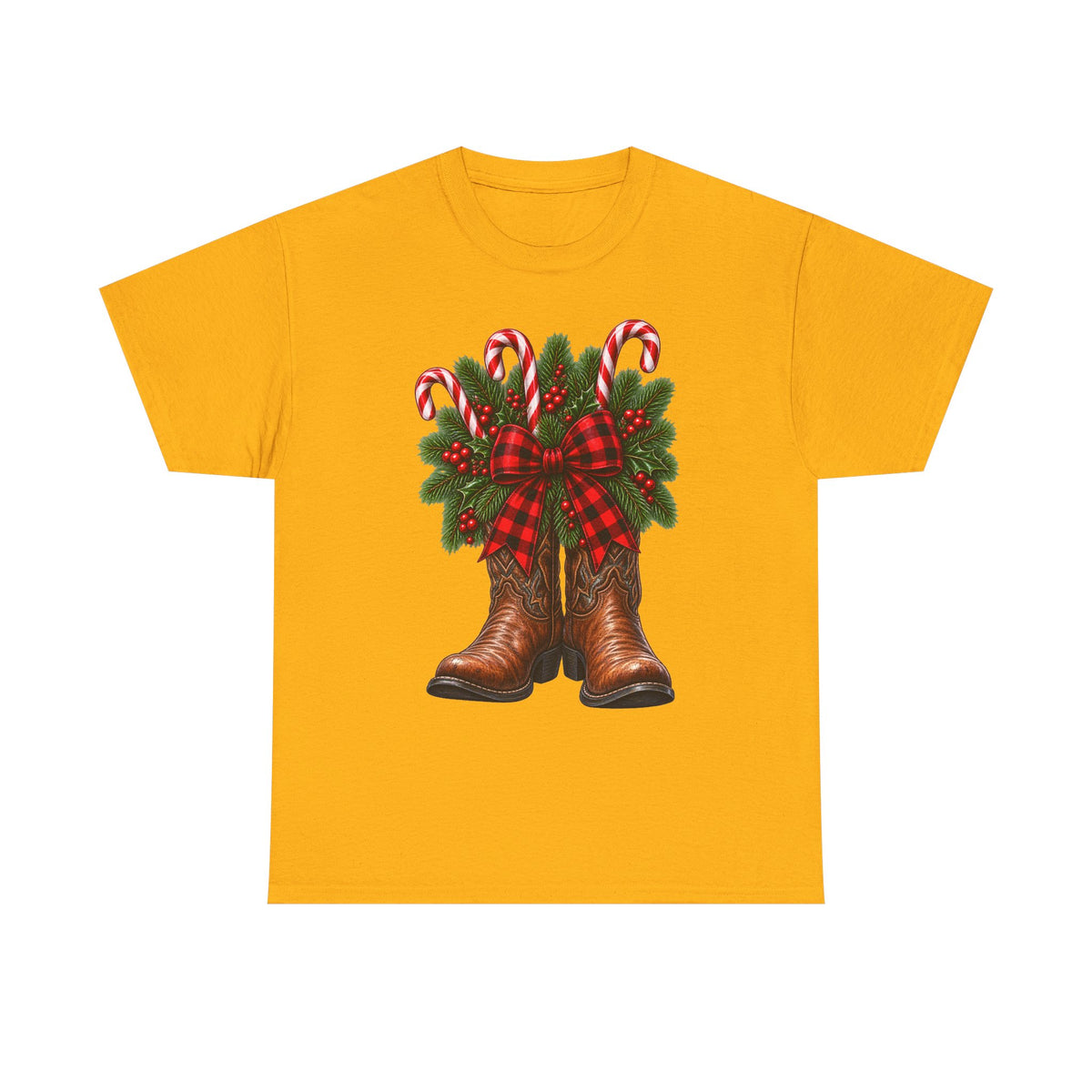 Cowboy Boots Christmas Tee — Holiday Cowboy Boots with Candy Canes & Wreath