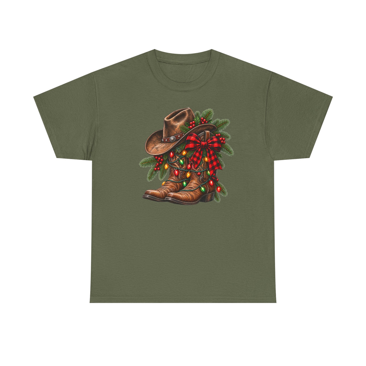 Western Christmas Tee — Cowboy Boot & Hat Holiday Design