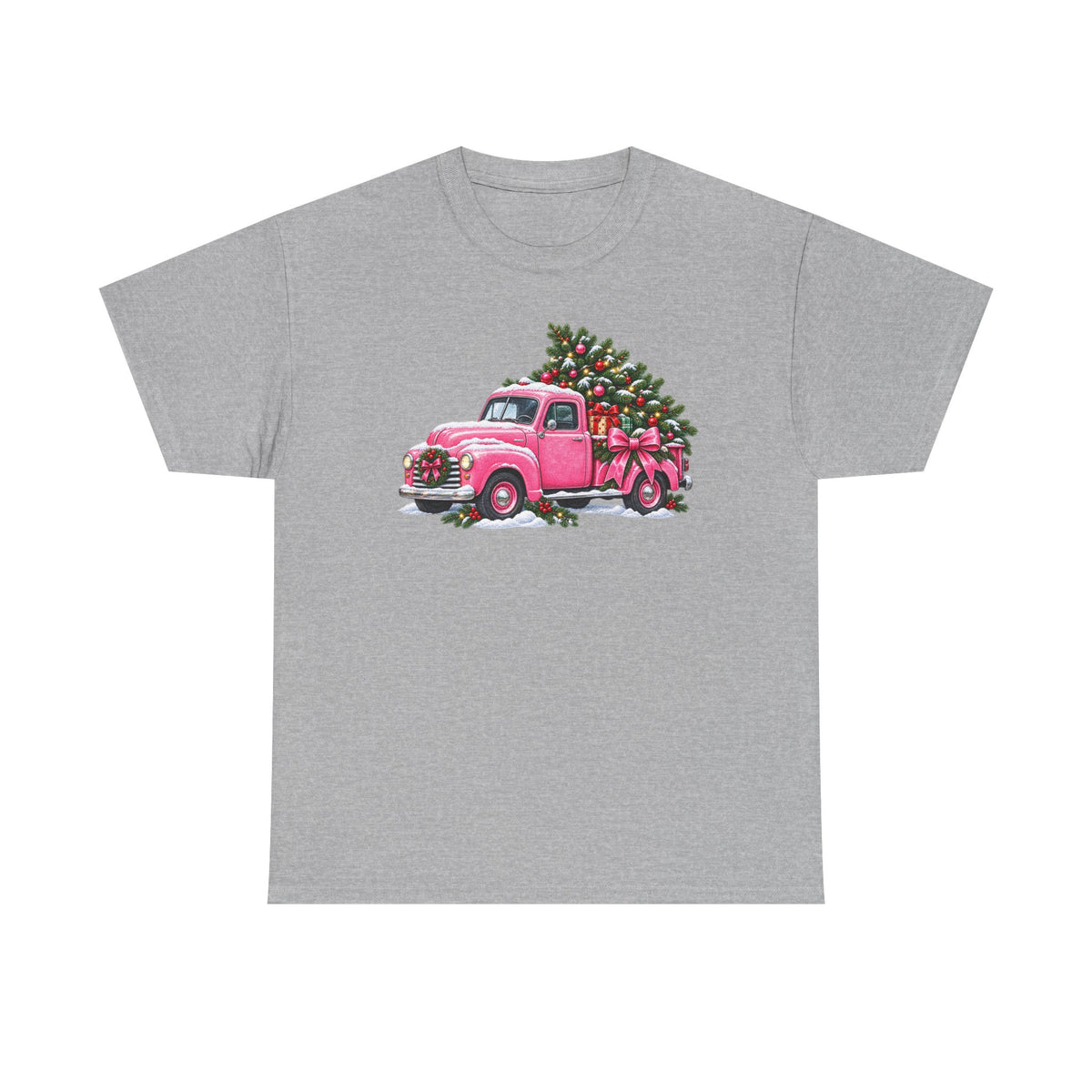 Vintage Pink Truck Christmas Tee — Retro Holiday Tree Shirt