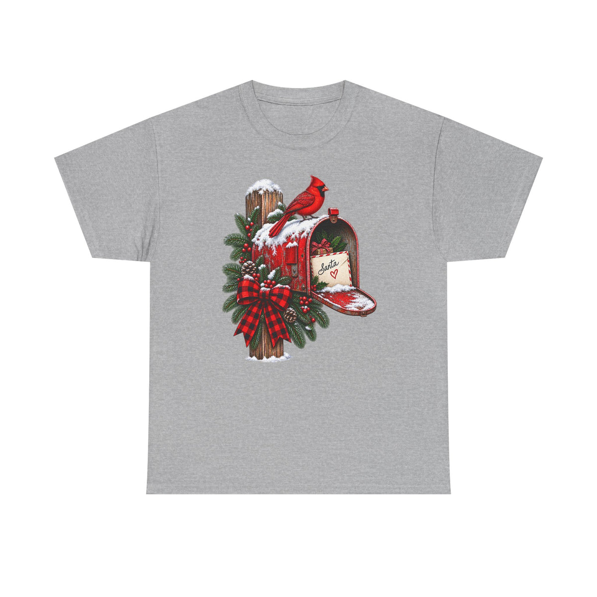 Christmas Cardinal Mailbox T-Shirt — Holiday Wreath & Red Cardinal Tee