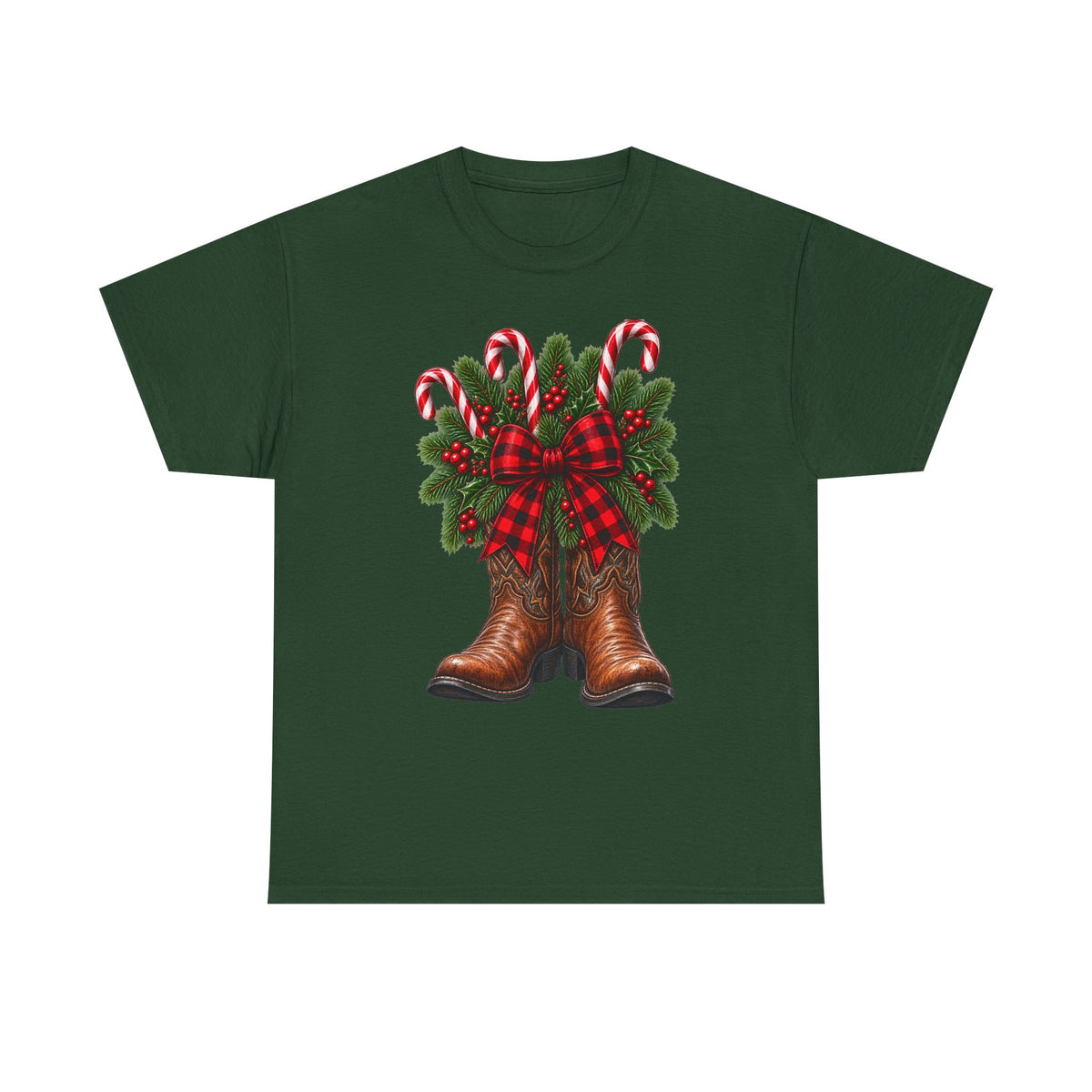 Cowboy Boots Christmas Tee — Holiday Cowboy Boots with Candy Canes & Wreath