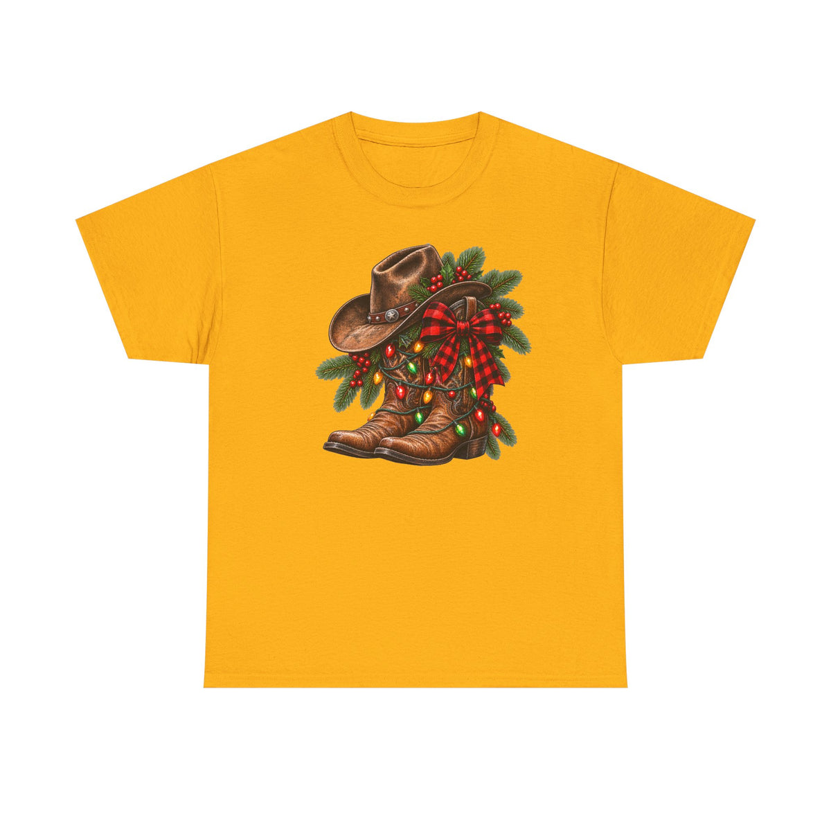 Western Christmas Tee — Cowboy Boot & Hat Holiday Design