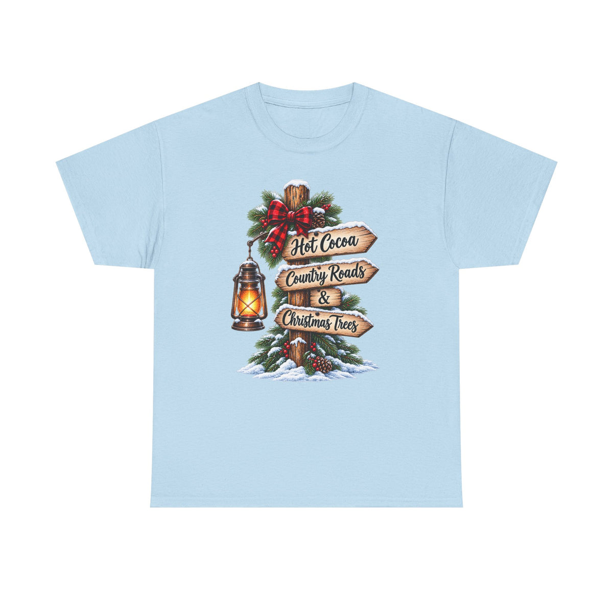 Christmas Signpost T-Shirt — “Hot Cocoa, Country Roads & Christmas Trees” Holiday Tee