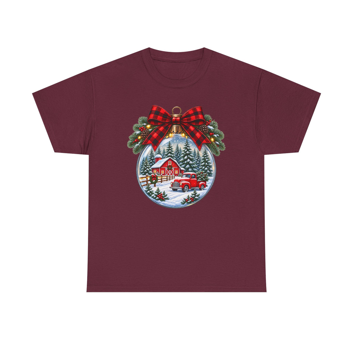 Christmas Ornament Scene T-Shirt — Vintage Red Truck & Snowy Cabin Holiday Tee