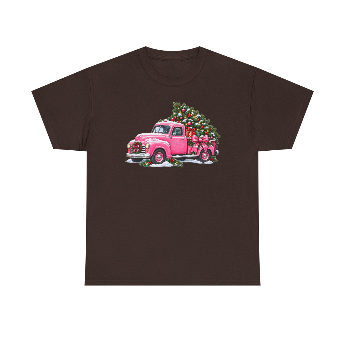 Vintage Pink Truck Christmas Tee — Retro Holiday Tree Shirt