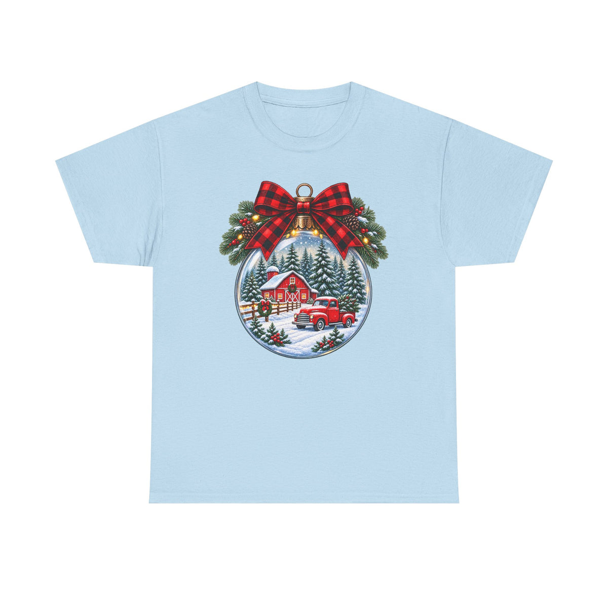 Christmas Ornament Scene T-Shirt — Vintage Red Truck & Snowy Cabin Holiday Tee
