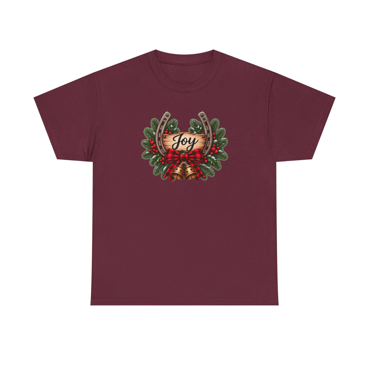 Joy Horseshoe Tee — Rustic Christmas Horseshoe & Wreath Holiday Shirt