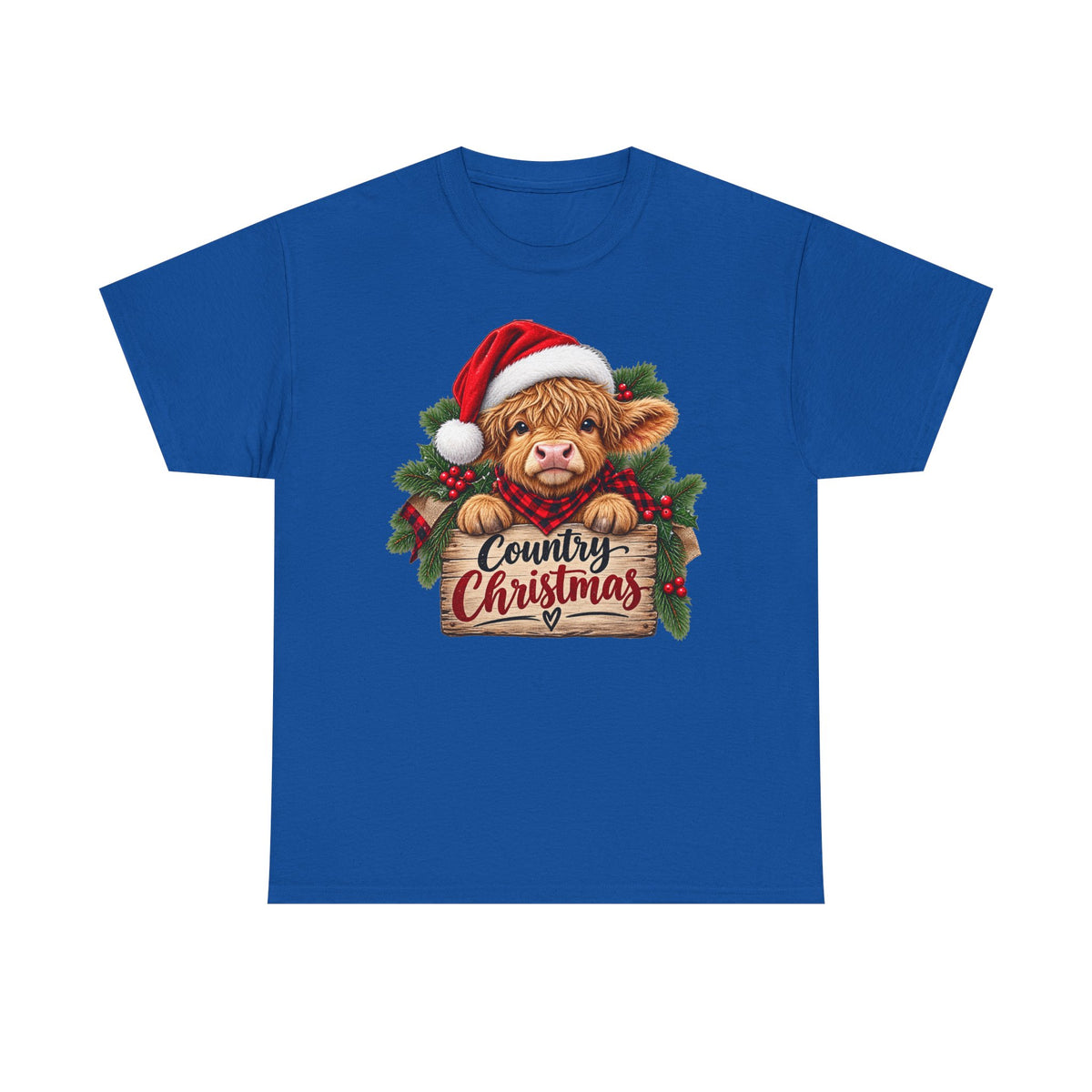 Country Christmas Cow T-Shirt — Cute Highland Calf Santa Holiday Tee