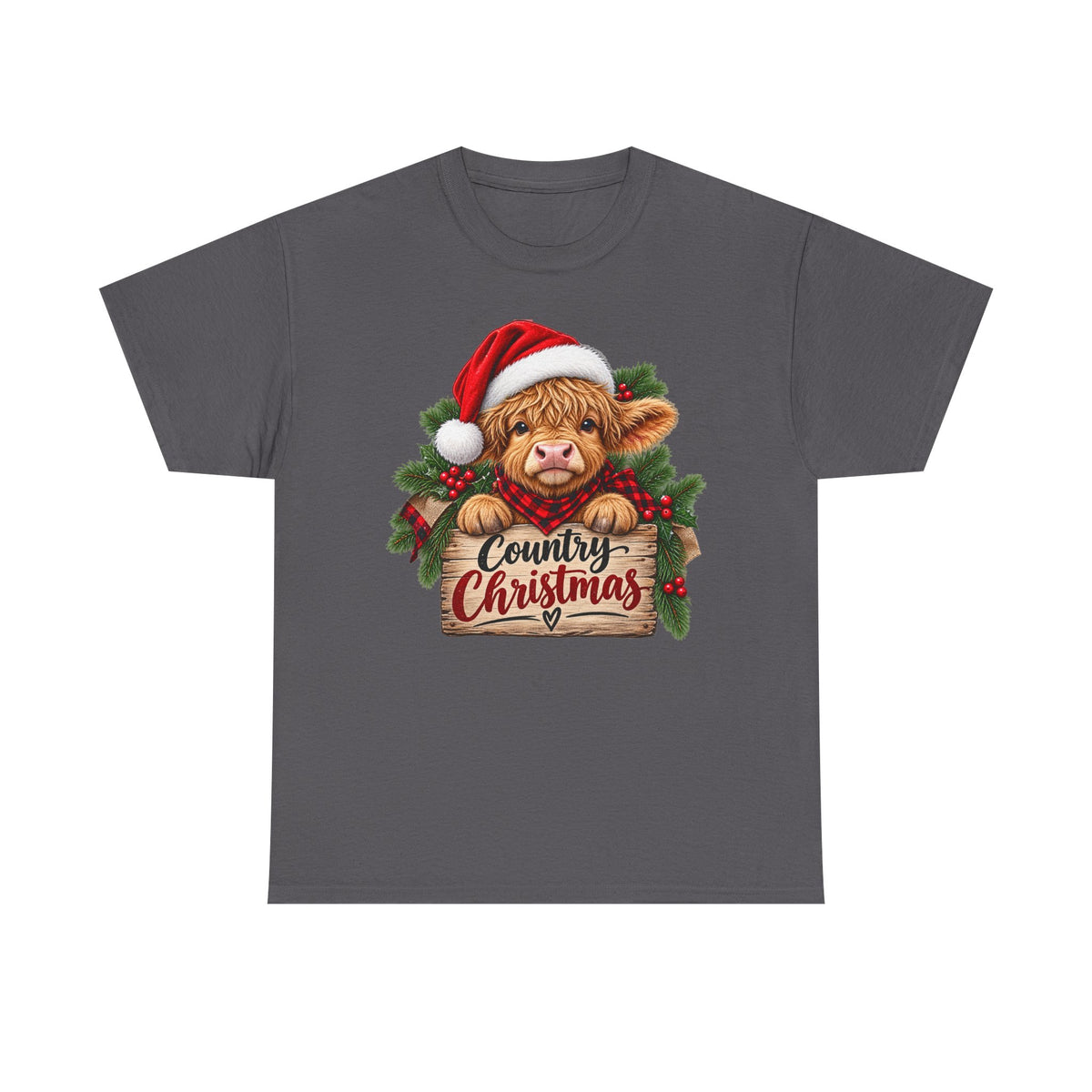 Country Christmas Cow T-Shirt — Cute Highland Calf Santa Holiday Tee