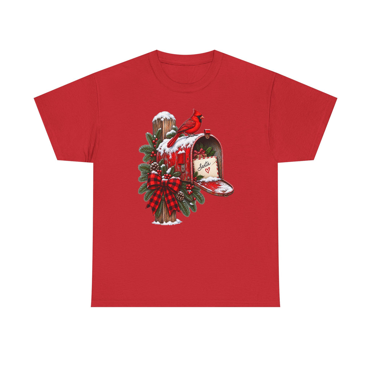 Christmas Cardinal Mailbox T-Shirt — Holiday Wreath & Red Cardinal Tee