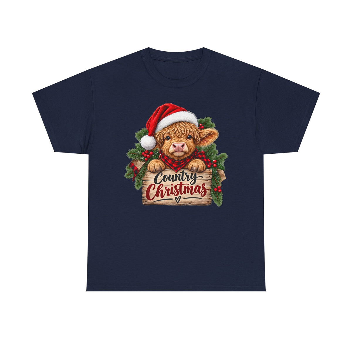 Country Christmas Cow T-Shirt — Cute Highland Calf Santa Holiday Tee