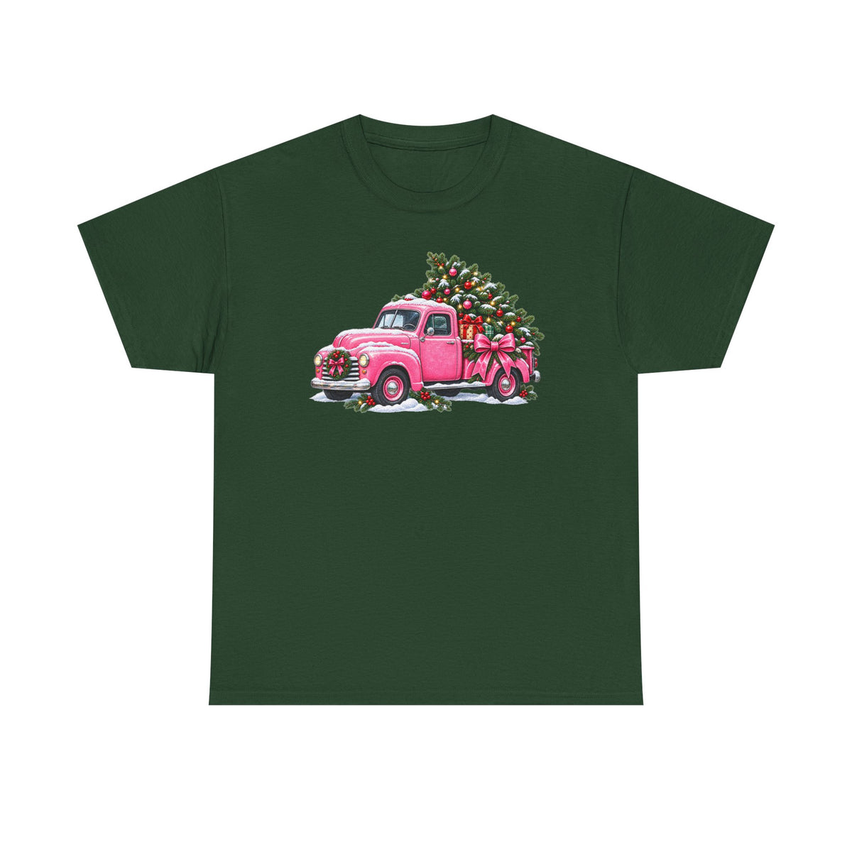 Vintage Pink Truck Christmas Tee — Retro Holiday Tree Shirt