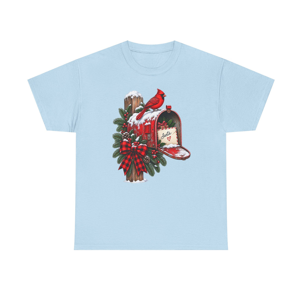 Christmas Cardinal Mailbox T-Shirt — Holiday Wreath & Red Cardinal Tee