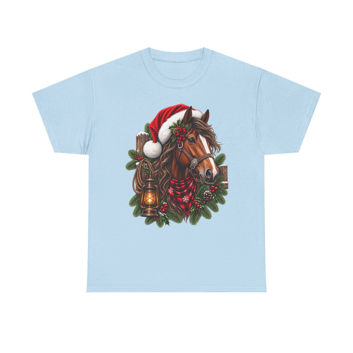 Christmas Horse T-Shirt — Holiday Santa Hat & Lantern Equestrian Tee