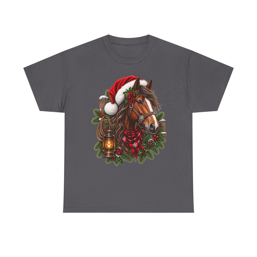 Christmas Horse T-Shirt — Holiday Santa Hat & Lantern Equestrian Tee