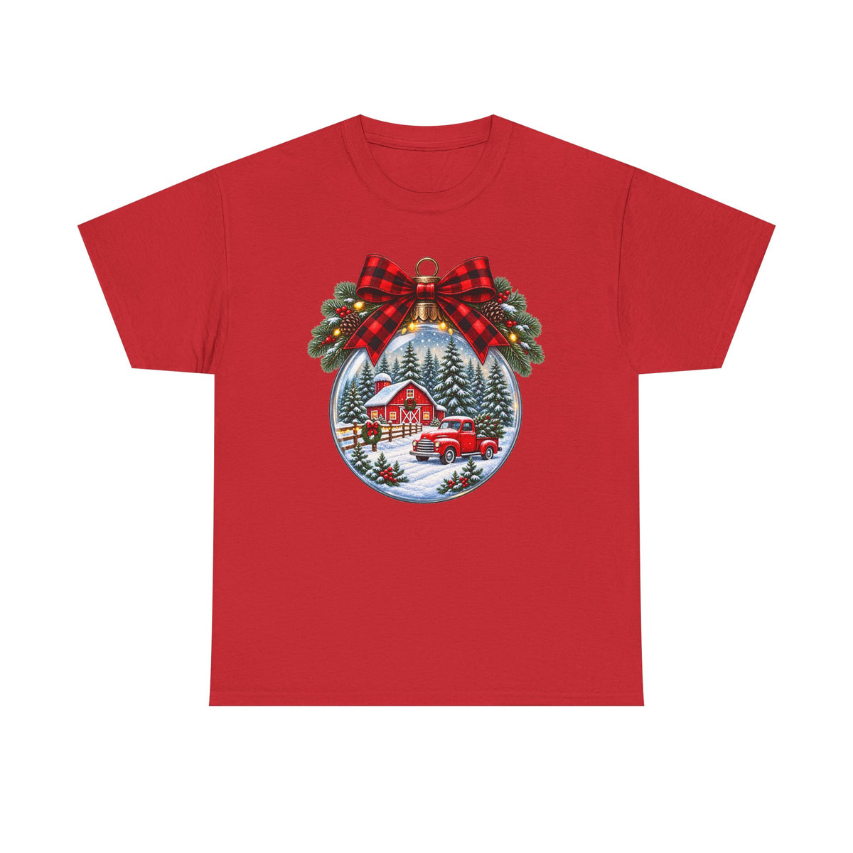 Christmas Ornament Scene T-Shirt — Vintage Red Truck & Snowy Cabin Holiday Tee