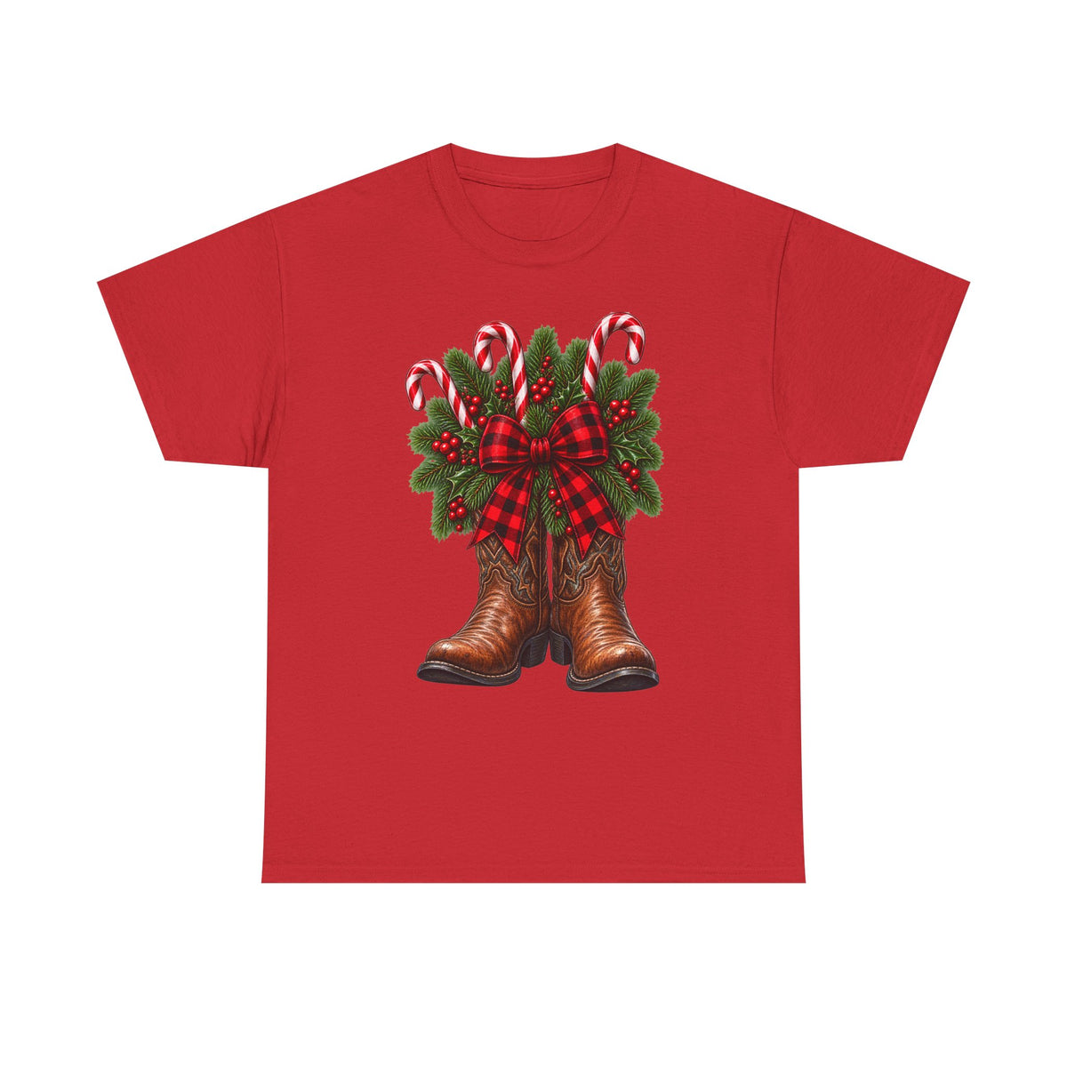 Cowboy Boots Christmas Tee — Holiday Cowboy Boots with Candy Canes & Wreath