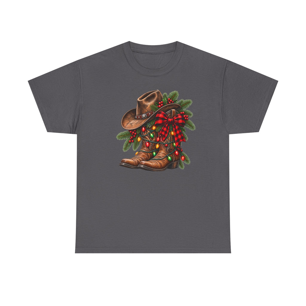 Western Christmas Tee — Cowboy Boot & Hat Holiday Design